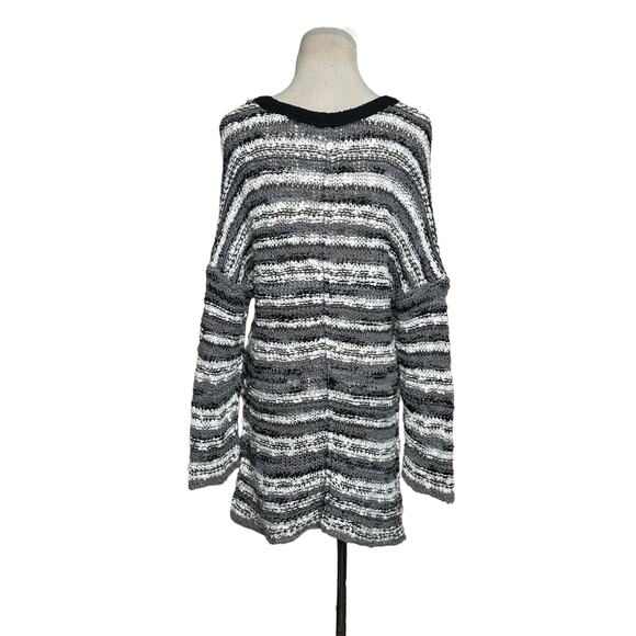 Free People gray white striped open knit v neck oversize sweater size XS - Picture 2 of 12